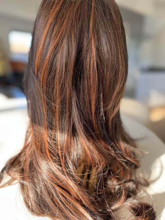 Paryk. Lang i m&oslash;rkebrun mix med pandeh&aring;r. Varmeresistent 